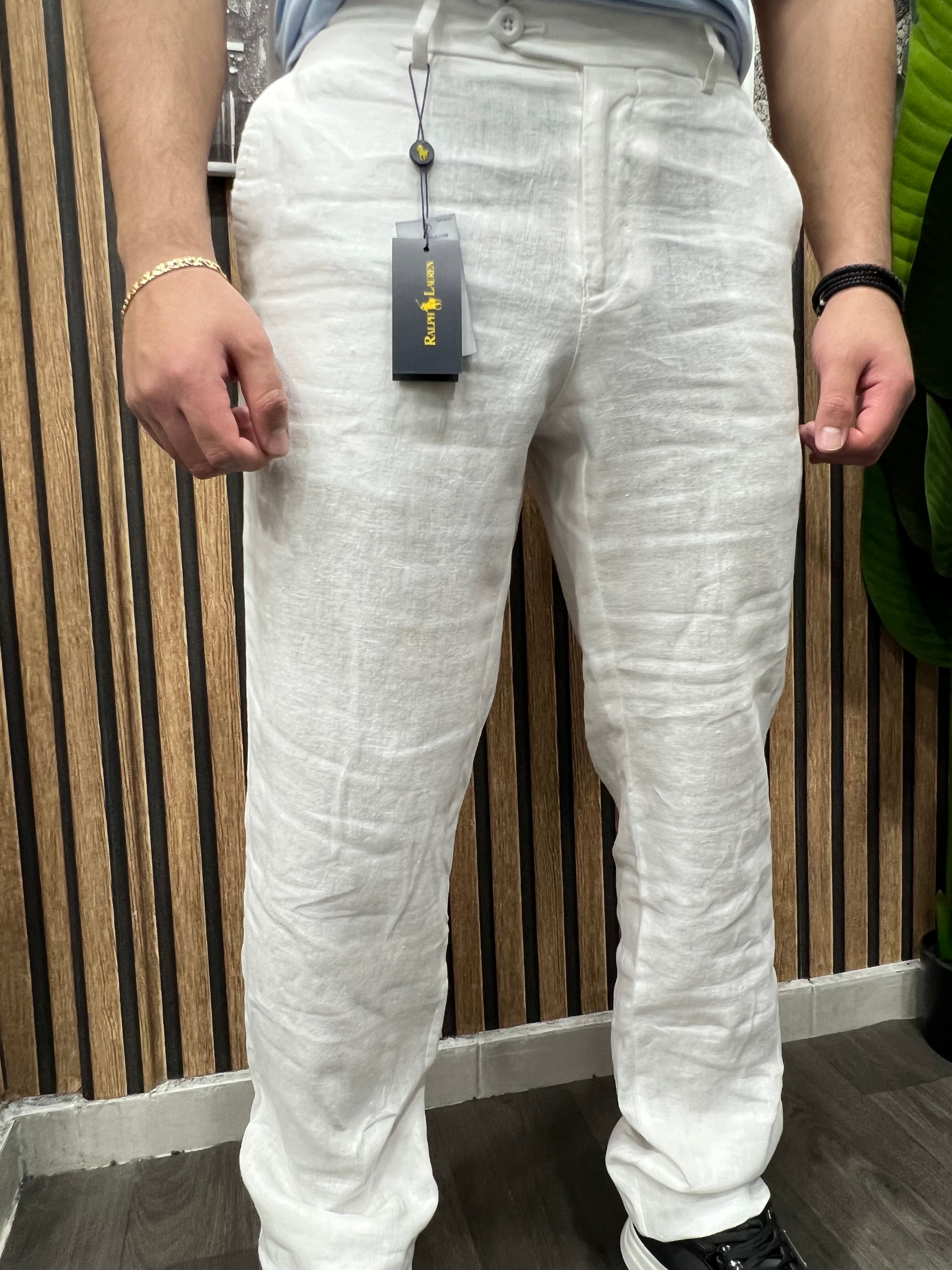 Polo Ralph Lauren (Zalando): Slim Tapered Fit λινό παντελόνι σε χρώμα "ceramic white".